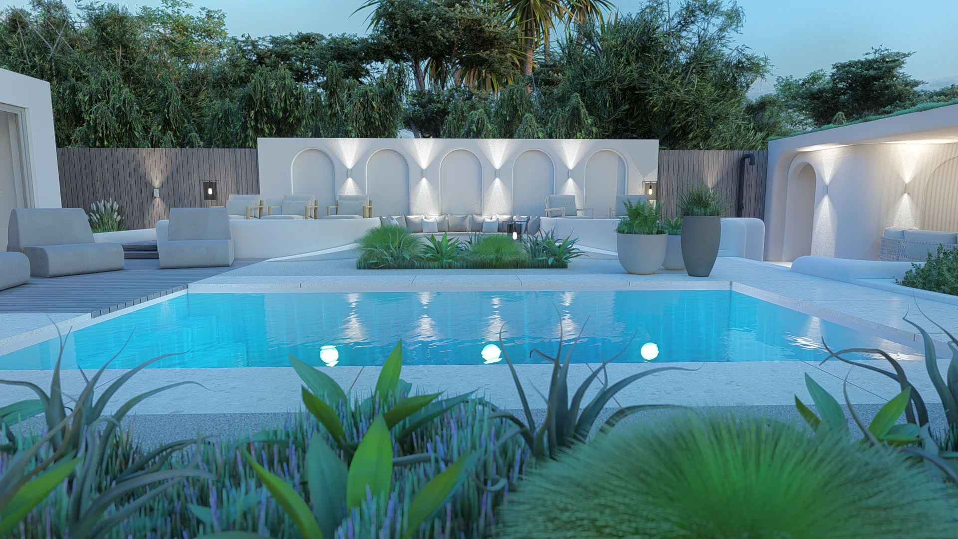 Exclusieve villatuin met loungeterras en sfeerverlichting in Vught